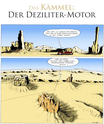 Cartoon: Kämmel und der Dezilitermotor (medium) by Andreas Pfeifle tagged kämmel,dezilitermotor,benzin,wüste,ersatzkanister