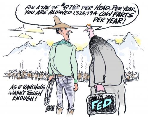 Cartoon: taxing bovine gas emissions (medium) by barbeefish tagged braintrust