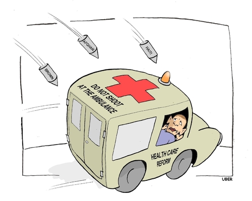 Cartoon: DO NOT SHOOT AT THE AMBULANCE (medium) by uber tagged obama,health,care,reform,usa,barack obama,gesundheit,reform,usa,amerika,gesundheitsreform,krankenkasse,barack,obama
