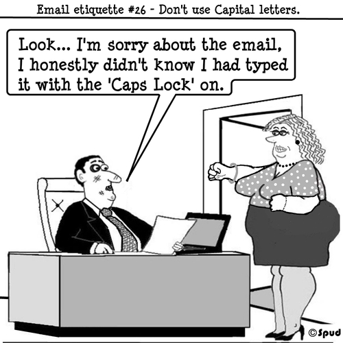 Cartoon: Caps Lock (medium) by cartoonsbyspud tagged cartoon,spud,hr,recruitment,office,life,outsourced,marketing,it,finance,business,paul,taylor