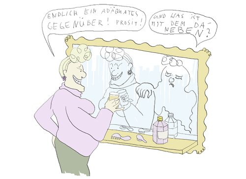 Cartoon: gegenüber (medium) by ailuj tagged narzissmus,alkohol,spiegel,geist,gespenst