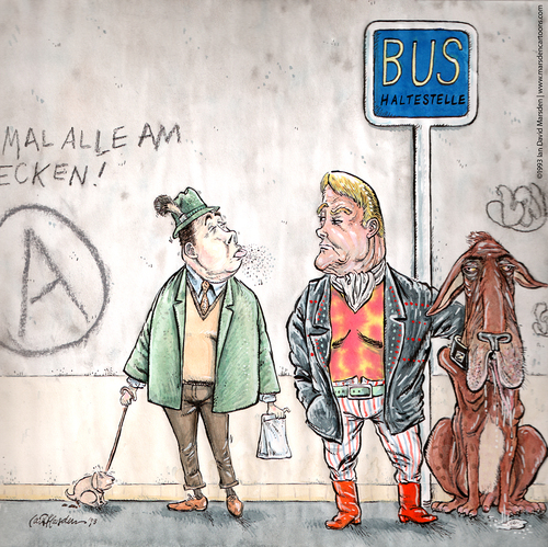 Cartoon: Neulich an der Bushaltestelle (medium) by ian david marsden tagged hund,bus,haltestelle,muskeln,dog,poop,public,transportation,cartoon,marsden