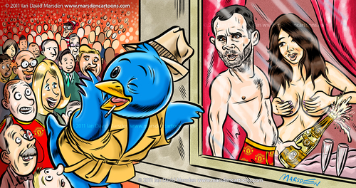 Cartoon: Ryan Giggs und Twitter Vogel (medium) by ian david marsden tagged ryan,giggs,imogen,thomas,twitter,social,media,facebook,wag,infidelity,super,injunction,cartoon,marsden