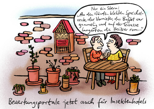 Cartoon: Insektenhotel (medium) by habild tagged terrasse,bewertung,tripadvisor,hrs,holidaycheck,insekten,hotel,bienen