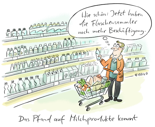 Cartoon: Milchpfand (medium) by habild tagged 2024,flaschensammler,armut,mehrweg,supermarkt,neuerung