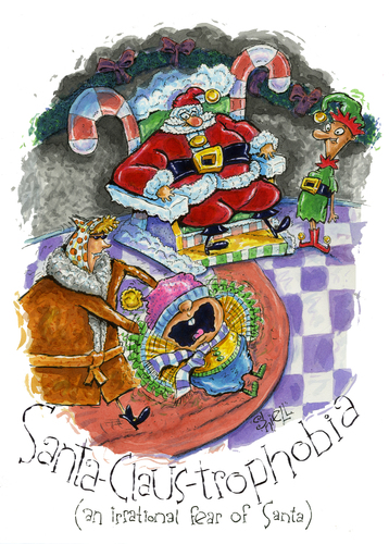 Cartoon: Santa-claus-trophobia (medium) by mikess tagged santa,claus,christmas,phobia,phobias,fear,kids,children,mother,shopping,malls,irrational,elf,elves,candy,canes,time,xmas