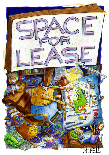 Cartoon: Space for Lease (medium) by mikess tagged artist,freelance,drawing,signs,desk,space,for,lease,working,cartoons,cartooning,illustrating,cats,billboards,advertising,telephone,home,office