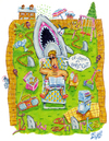Cartoon: Lawn Sharks (small) by mikess tagged sharks,yard,jaws,shark,attack,backyard,reading,blood,cut,books,paper,lawn,chairs,furniture,cats,neighbors