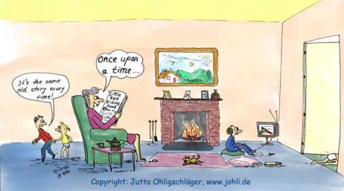 Cartoon: Märchenstunde (medium) by Johli tagged oma,großmutter,enkel,kinder,rotkäpchen,