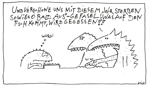 Cartoon: Dinos (medium) by Oliver Kock tagged dinos,dinosaurier,aussterben,essen,vater,mutter,kind,erziehung,strenge,tiere,urzeit,nick,blitzgarden,cartoons