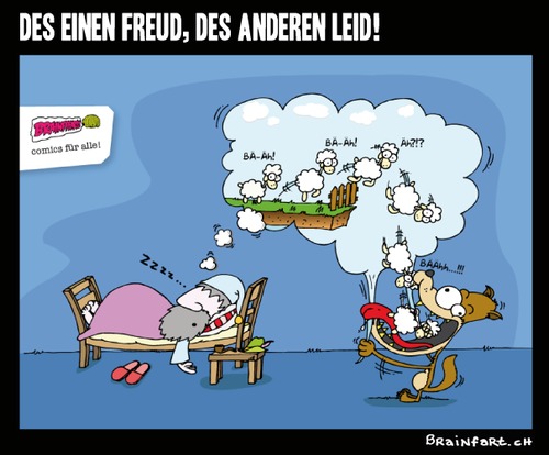 Cartoon: Des einen Freud des anderen Leid (medium) by BRAINFART tagged wolf,bauer,freud,leid,traum,schaf,humor,cartoon,comic,character,art,brainfart,lustig,witzig,spass,drawing,colour,toon,pool,des