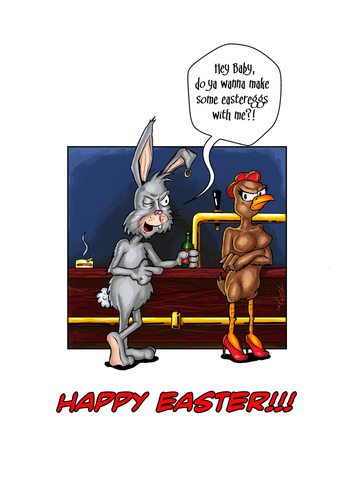 Cartoon: Happy Easter 2010 (medium) by Toeby tagged töbermann,mark,toeby,bar,eastereggs,chicken,rabbit,bunny,easter