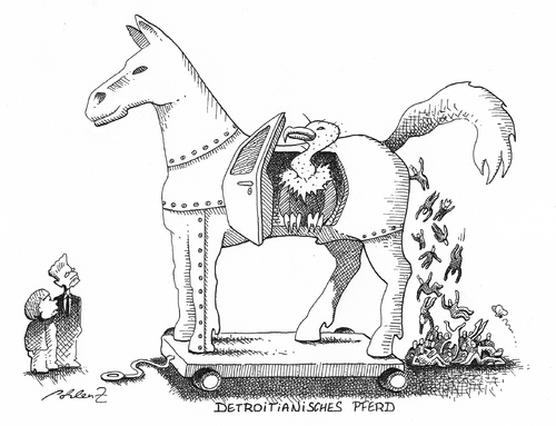 Cartoon: Detroitianisches Pferd (medium) by Pohlenz tagged gm,opel,autoindustrie,insolvenz,gm,opel,insolvenz,autos,auto,pleite,industrie