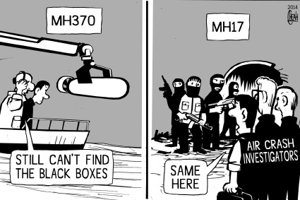 Cartoon: Black boxes (medium) by sinann tagged black,boxes,find,search,mh17,mh370,rebels,separatists,ukraine