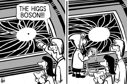 Cartoon: Higgs Boson (medium) by sinann tagged higgs,boson,god,particle,discovery