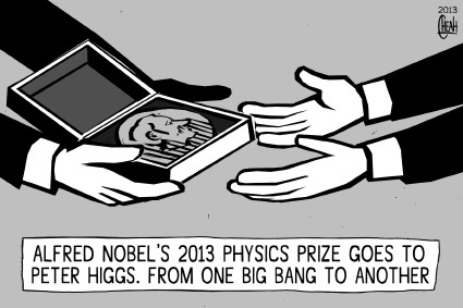 Cartoon: Nobel prize physics 2013 (medium) by sinann tagged nobel,prize,peter,higgs,physics,big,bang,theory,2013