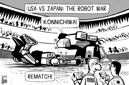 Cartoon: USA vs Japan Robot War (medium) by sinann tagged robot,usa,japan,challenge,war,duel