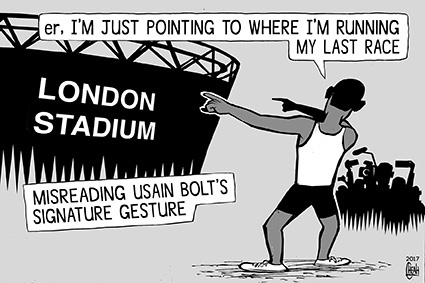 Cartoon: Usain Bolt last race (medium) by sinann tagged bolt,usain,london,stadium,race,last