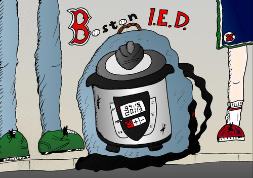 Cartoon: Boston Marathon Bomb (medium) by BinaryOptions tagged optionsclick,binary,option,options,bomb,pressure,cooker,boston,marathon,war,terror,united,states,editorial,webcomic,cartoon,caricature,news,politics,political
