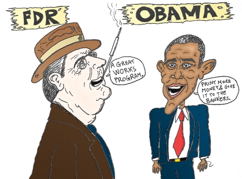 Cartoon: FDR and Obama caricature (medium) by BinaryOptions tagged optionsclick,binary,options,option,trader,trade,trading,invest,investor,investment,national,bailout,strategy,policy,financial,fiscal,economic,economy,fdr,franklin,delano,roosevelt,barack,hussein,obama,news,editorial,caricature,cartoon,comic
