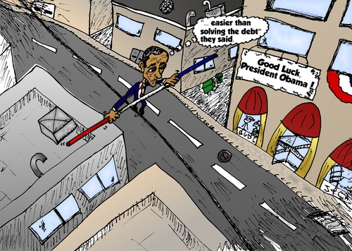 Cartoon: Obama walks the tightrope comic (medium) by BinaryOptions tagged president,obama,highwire,tightrope,binary,option,options,trade,trader,trading,optionsclick,editorial,caricature,cartoon,webcomic,comic,financial,political,politician,debt,satire