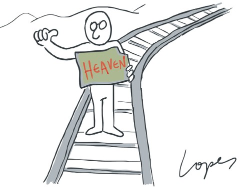 Cartoon: Final Hitchhiking (medium) by Lopes tagged train,rail,suicide,sign,hitchhiker,heaven,death,ride