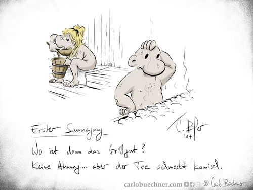 Cartoon: Der aller erste Saunagang (medium) by Carlo Büchner tagged sauna,gang,grill,wurst,tee,eimer,wasser,aufguss,steine,holz,finnland,mann,frau,peinlich,carlo,büchner,arts,2014