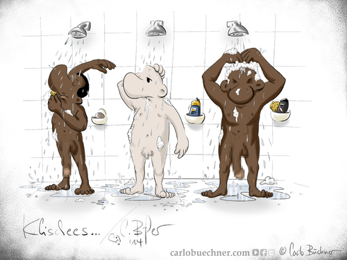 Cartoon: Klischees (medium) by Carlo Büchner tagged cartoon,klischee,dusche,shower,wasser,water,lang,kurz,long,short,dick,black,white,soap,seife,komplexe,selfconfidence,carlo,büchner,arts,2014,ray