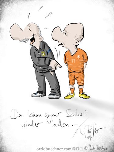 Cartoon: WM Cartoon Brasilien-Niederlande (medium) by Carlo Büchner tagged 2014,wm2014,spiel,um,platz,drei,carlo,büchner,arts,niederlande,arjen,robben,scolari,sieg,mannschaft,prognose,satire,cartoon,zeichnung,comic,humor,spaß,fun,parody,brasilien,südamerik,brazil,braned