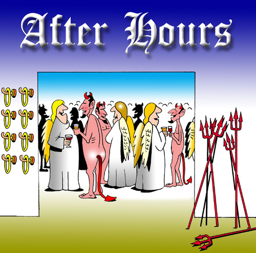 Cartoon: After hours (medium) by toons tagged angels,devils,heaven,god,socializing,pubs,beer,drinking,work,after