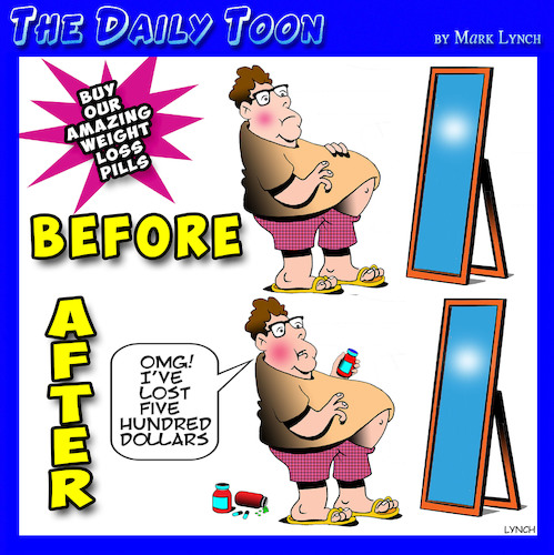 Cartoon: Before and after (medium) by toons tagged weight,loss,pills,obesity,fat,overweight,scams,losing,money,weight,loss,pills,obesity,fat,overweight,scams,losing,money