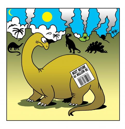 Cartoon: best before 65 million BC (medium) by toons tagged dinosaurs,prehistoric,price,tags,bar,codes,animals,extinct,lizards