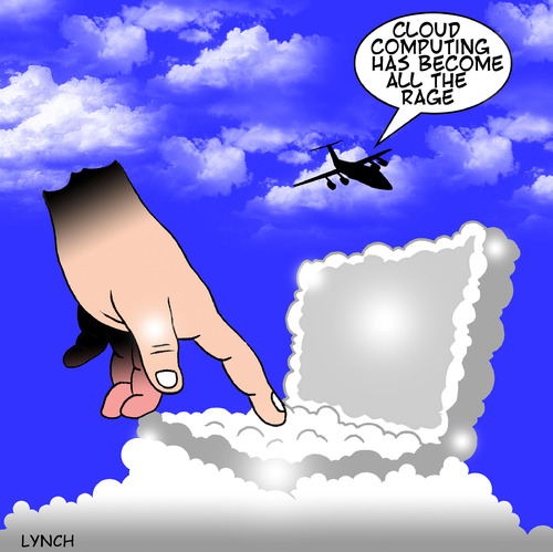 Cartoon: cloud computing (medium) by toons tagged cloud,computing,data,protection,hard,drive,computers,laptops,god,heaven,aviation,online