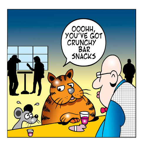 Cartoon: crunchy bar snacks (medium) by toons tagged cats,mice,animals,pubs,bars,food,bar,bartender,publican,off,licence