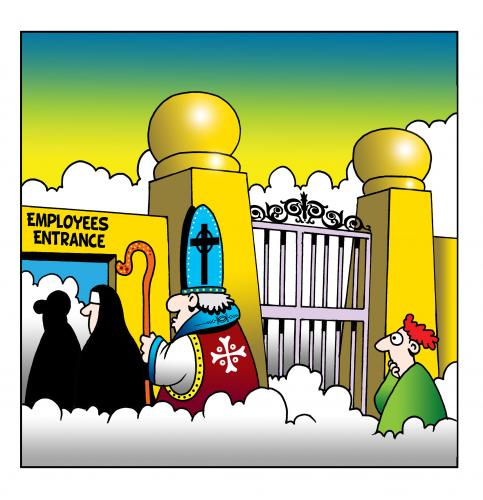 Cartoon: employees entrance (medium) by toons tagged clergy,heaven,employees,priest,bishop,nuns