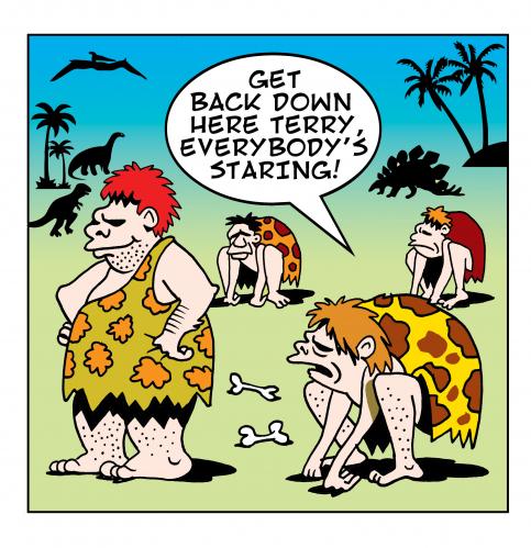 Cartoon: everybody is looking (medium) by toons tagged caveman,prehistoric,dinosaurs,monkeys,ice,age