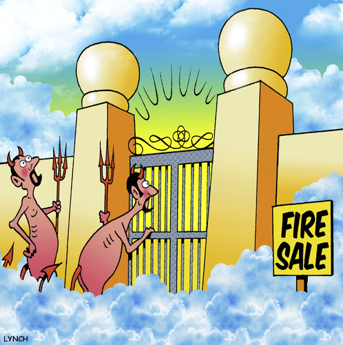 Cartoon: fire sale (medium) by toons tagged heaven,hell,devil,angels,religion,sales,god,lucifer,fire,sale