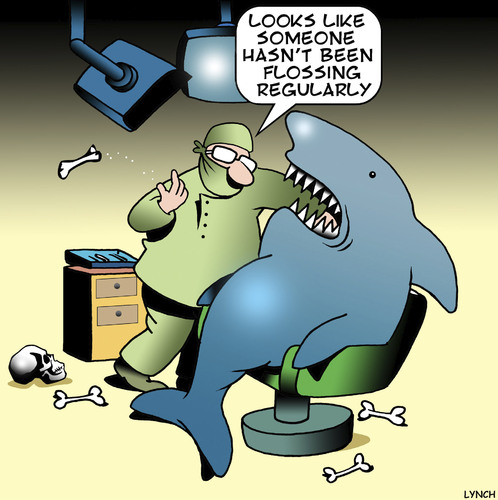 Cartoon: Flossing (medium) by toons tagged dentist,flossing,dental,hygiene,sharks,fish,surgery,dentist,flossing,dental,hygiene,sharks,fish,surgery