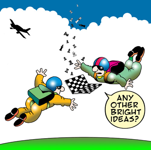 Cartoon: flying chessmen (medium) by toons tagged chess,board,games,parachute,skydiving,aeroplane,cessna,bright,ideas,flying,aviation,airlines,master