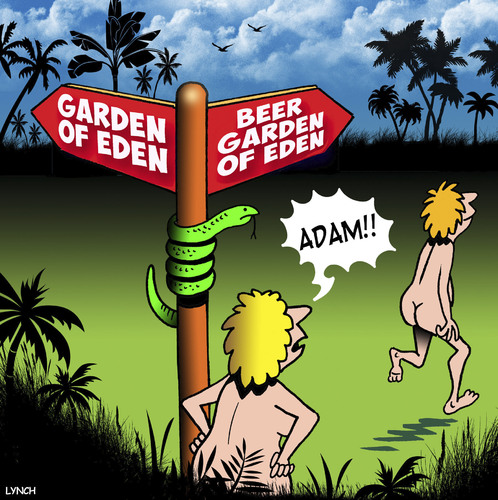 Cartoon: Garden of Eden (medium) by toons tagged adam,and,eve,garden,of,eden,beer,adam,and,eve,garden,of,eden,beer