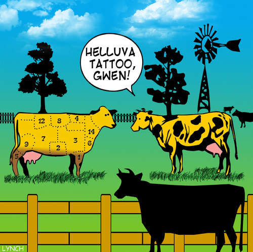 Cartoon: Helluva tattoo (medium) by toons tagged tattoos,cows,farms,animals,bulls,bovine,body,piercing,abbatoir,beef,meat