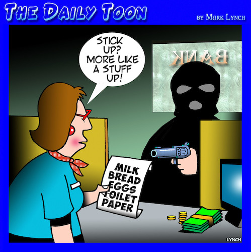 Cartoon: Hold up (medium) by toons tagged bank,robber,shopping,list,armed,robbery,bank,robber,shopping,list,armed,robbery