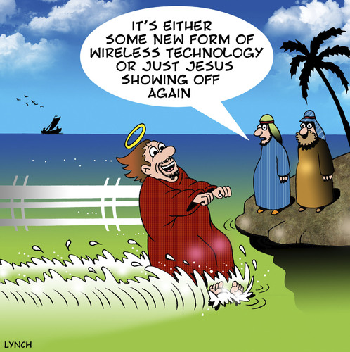 Cartoon: Jesus showing off (medium) by toons tagged jesus,water,skiing,wireless,technology,bible