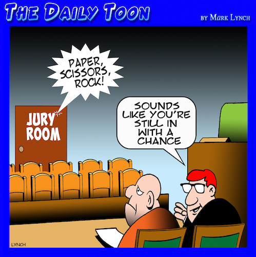 Cartoon: Jury room (medium) by toons tagged courts,jury,paper,scissors,rock,criminals,lawyers,courts,jury,paper,scissors,rock,criminals,lawyers