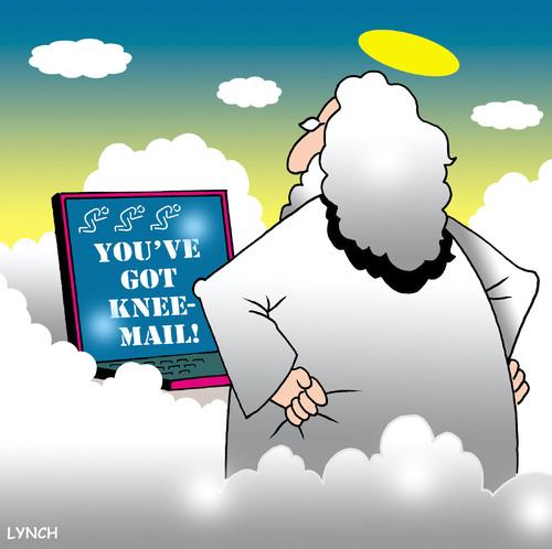 Cartoon: knee mail (medium) by toons tagged email,laptops,computers,god,heaven,prayer,praying