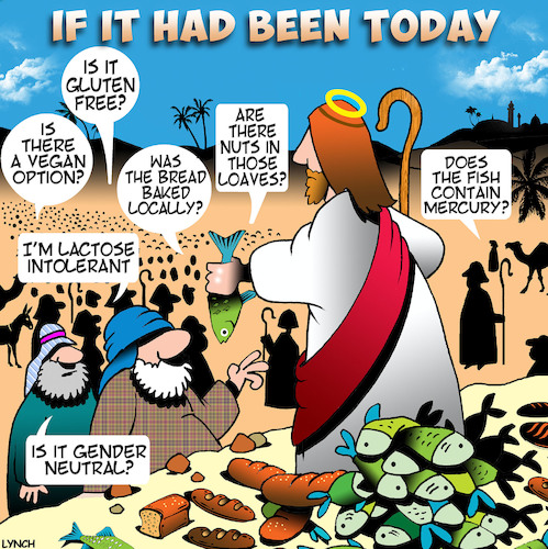 Cartoon: Loaves and fishes (medium) by toons tagged kosher,gluten,free,allergies,sermon,feeding,the,masses,lactose,fish,mercury,vegan,bible,stories,kosher,gluten,free,allergies,sermon,feeding,the,masses,lactose,fish,mercury,vegan,bible,stories