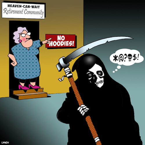 Cartoon: No Hoodies (medium) by toons tagged angel,of,death,retirement,homes,hoodies,fashion,banned,angel,of,death,retirement,homes,hoodies,fashion,banned