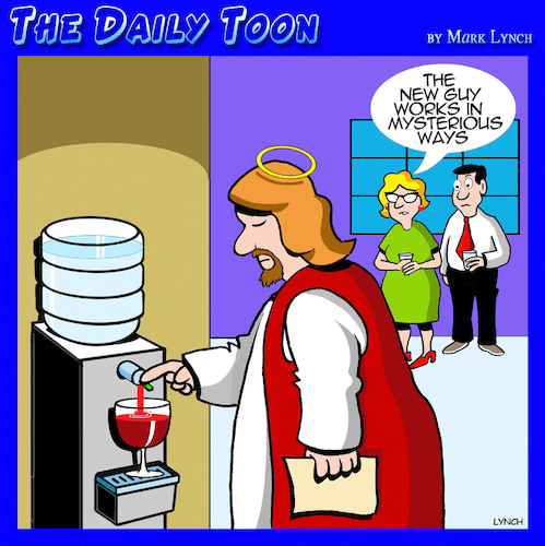 Cartoon: Office water cooler (medium) by toons tagged christ,water,into,wine,office,politics,jesus,miracles,christ,water,into,wine,office,politics,jesus,miracles