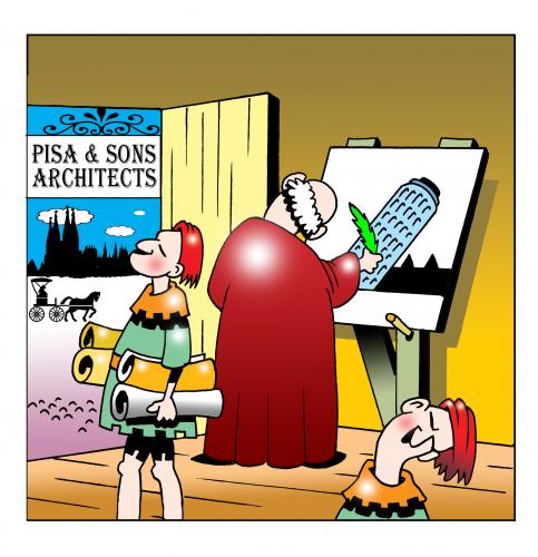 Cartoon: Pisa and sons (medium) by toons tagged pisa,leaning,tower,of,architects,builders,italy,italian,industrial,design,ruins,romans