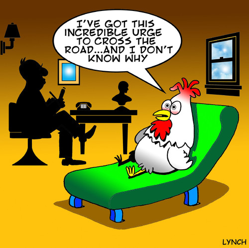Cartoon: Psycho chicken (medium) by toons tagged chicken,crosses,the,road,psychiatrist,psychiatry,shrink,animals,chickens,chooks,hens